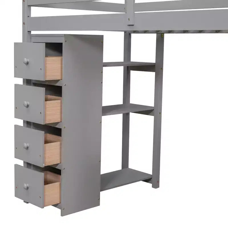 Lit mezzanine double en bois de conception moderne avec tiroirs de rangement, bureau et escalier, 94,40''L x 41,80''l