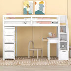 Lit mezzanine double en bois de conception moderne avec tiroirs de rangement, bureau et escalier, 94,40''L x 41,80''l