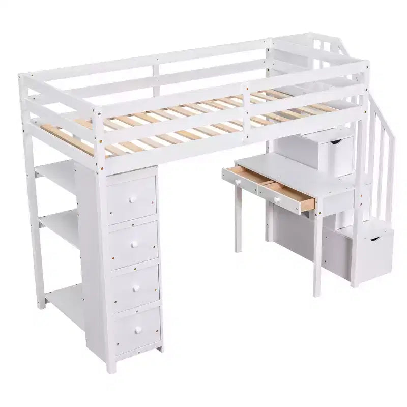 Lit mezzanine double en bois de conception moderne avec tiroirs de rangement, bureau et escalier, 94,40''L x 41,80''l
