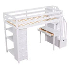 Lit mezzanine double en bois de conception moderne avec tiroirs de rangement, bureau et escalier, 94,40''L x 41,80''l