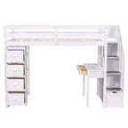 Lit mezzanine double en bois de conception moderne avec tiroirs de rangement, bureau et escalier, 94,40''L x 41,80''l