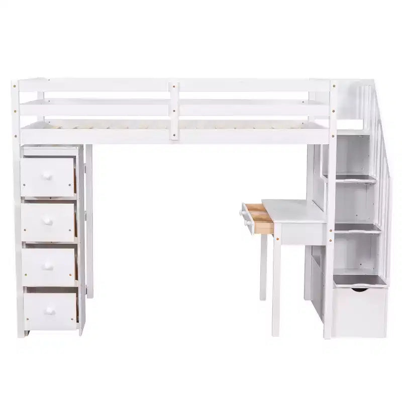 Lit mezzanine double en bois de conception moderne avec tiroirs de rangement, bureau et escalier, 94,40''L x 41,80''l