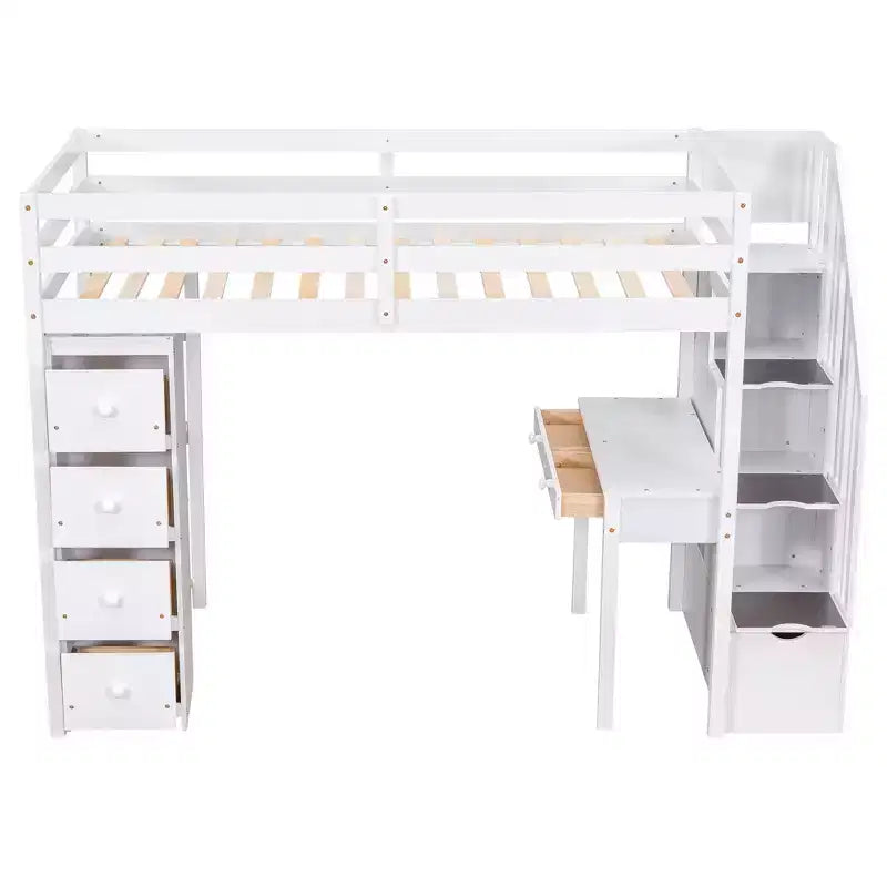 Lit mezzanine double en bois de conception moderne avec tiroirs de rangement, bureau et escalier, 94,40''L x 41,80''l