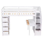 Lit mezzanine double en bois de conception moderne avec tiroirs de rangement, bureau et escalier, 94,40''L x 41,80''l