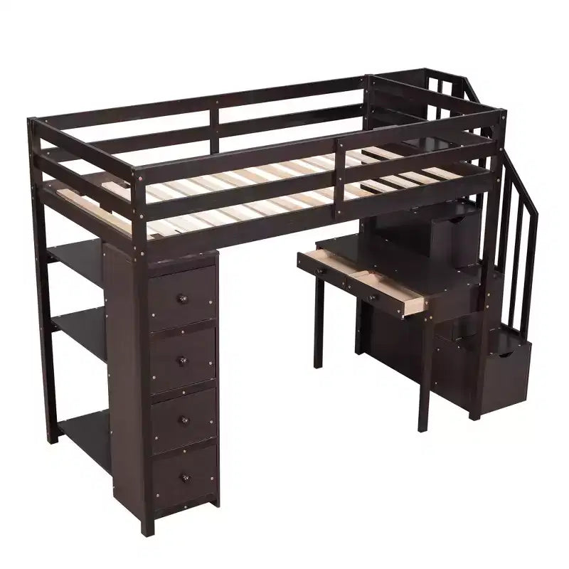 Lit mezzanine double en bois de conception moderne avec tiroirs de rangement, bureau et escalier, 94,40''L x 41,80''l