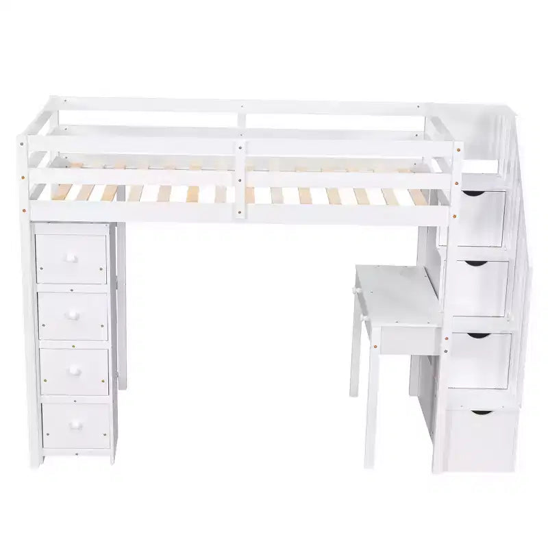 Lit mezzanine double en bois de conception moderne avec tiroirs de rangement, bureau et escalier, 94,40''L x 41,80''l
