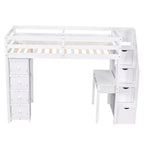 Lit mezzanine double en bois de conception moderne avec tiroirs de rangement, bureau et escalier, 94,40''L x 41,80''l