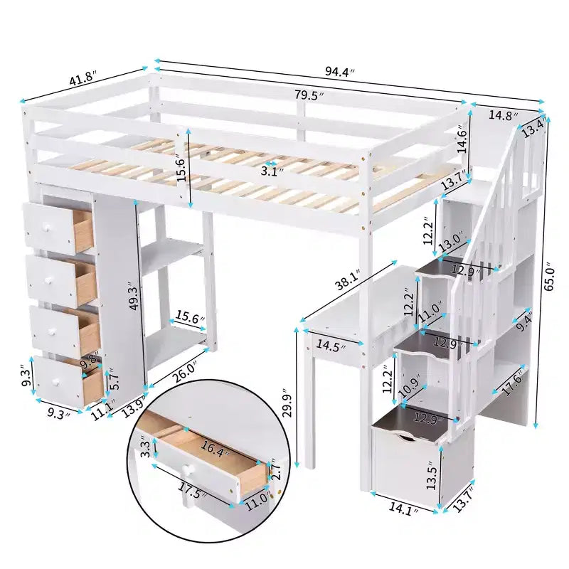 Lit mezzanine double en bois de conception moderne avec tiroirs de rangement, bureau et escalier, 94,40''L x 41,80''l