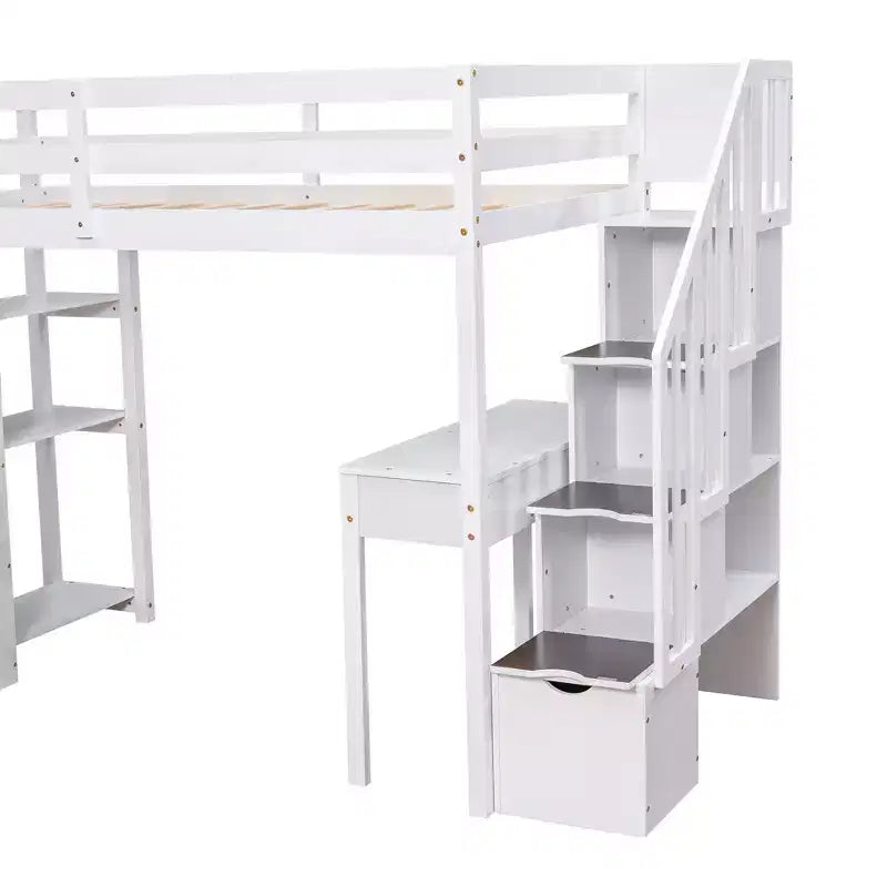 Lit mezzanine double en bois de conception moderne avec tiroirs de rangement, bureau et escalier, 94,40''L x 41,80''l
