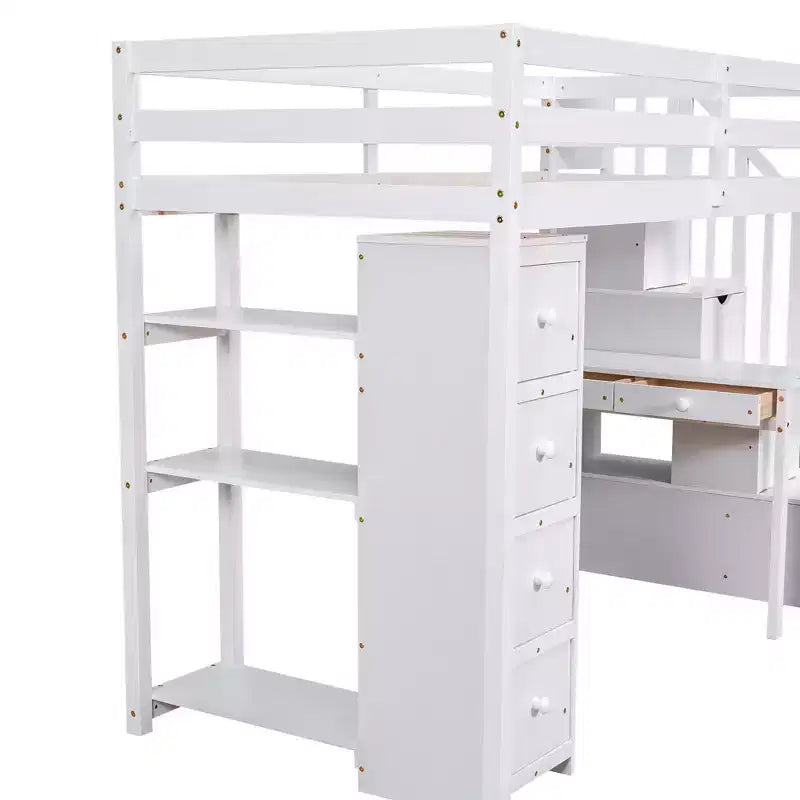 Lit mezzanine double en bois de conception moderne avec tiroirs de rangement, bureau et escalier, 94,40''L x 41,80''l