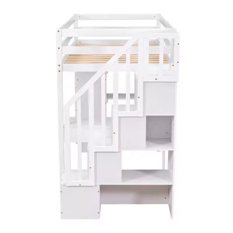 Lit mezzanine double en bois de conception moderne avec tiroirs de rangement, bureau et escalier, 94,40''L x 41,80''l