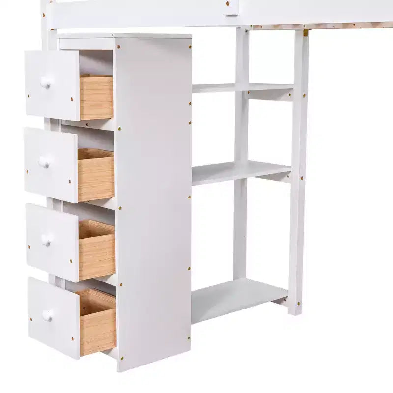 Lit mezzanine double en bois de conception moderne avec tiroirs de rangement, bureau et escalier, 94,40''L x 41,80''l