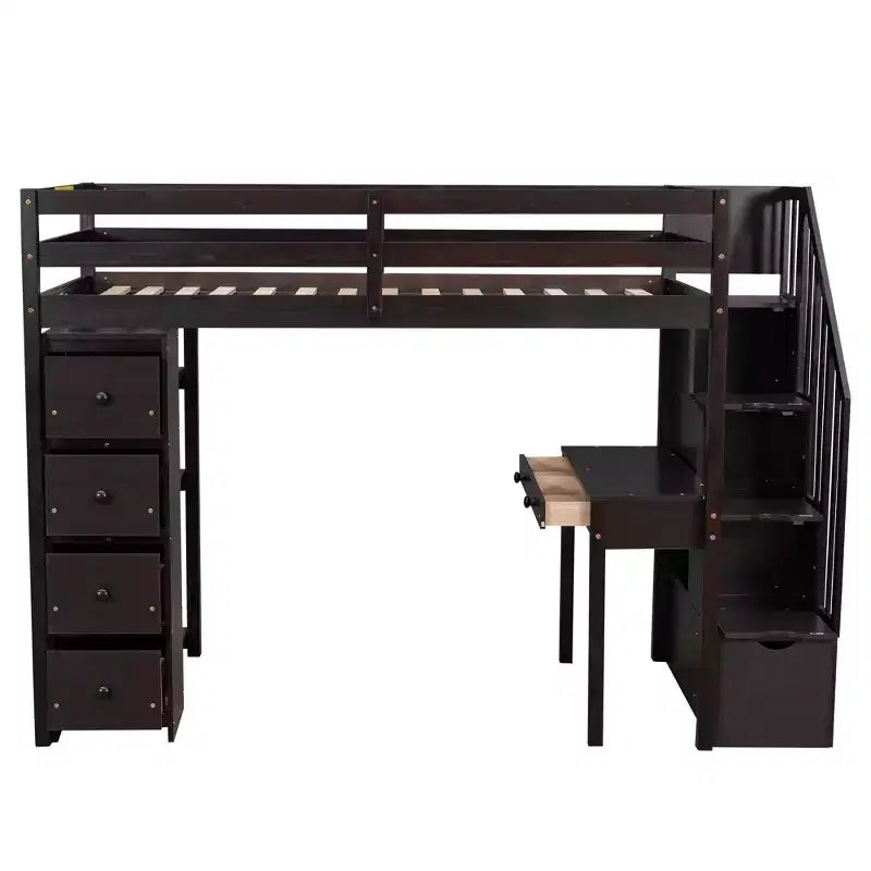 Lit mezzanine double en bois de conception moderne avec tiroirs de rangement, bureau et escalier, 94,40''L x 41,80''l