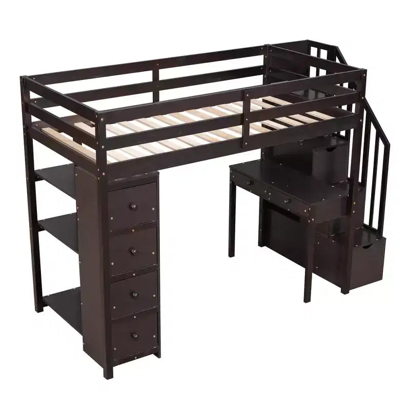 Lit mezzanine double en bois de conception moderne avec tiroirs de rangement, bureau et escalier, 94,40''L x 41,80''l