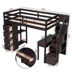 Lit mezzanine double en bois de conception moderne avec tiroirs de rangement, bureau et escalier, 94,40''L x 41,80''l