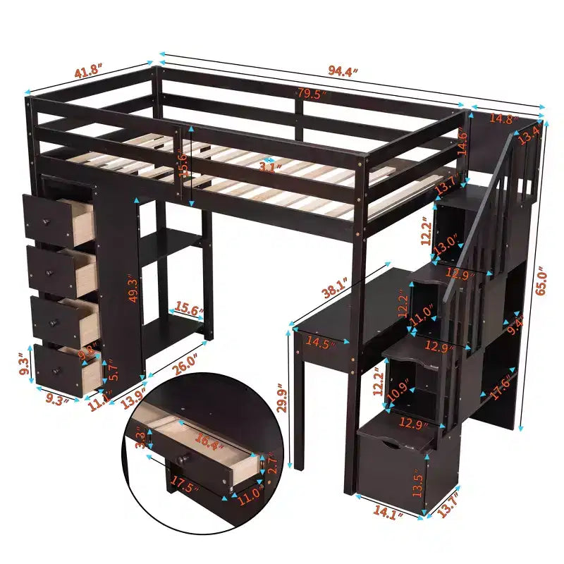 Lit mezzanine double en bois de conception moderne avec tiroirs de rangement, bureau et escalier, 94,40''L x 41,80''l