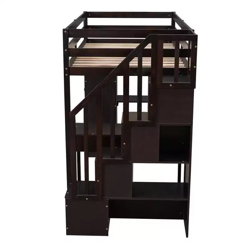 Lit mezzanine double en bois de conception moderne avec tiroirs de rangement, bureau et escalier, 94,40''L x 41,80''l