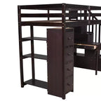 Lit mezzanine double en bois de conception moderne avec tiroirs de rangement, bureau et escalier, 94,40''L x 41,80''l