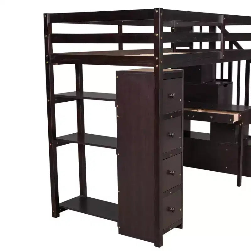 Lit mezzanine double en bois de conception moderne avec tiroirs de rangement, bureau et escalier, 94,40''L x 41,80''l