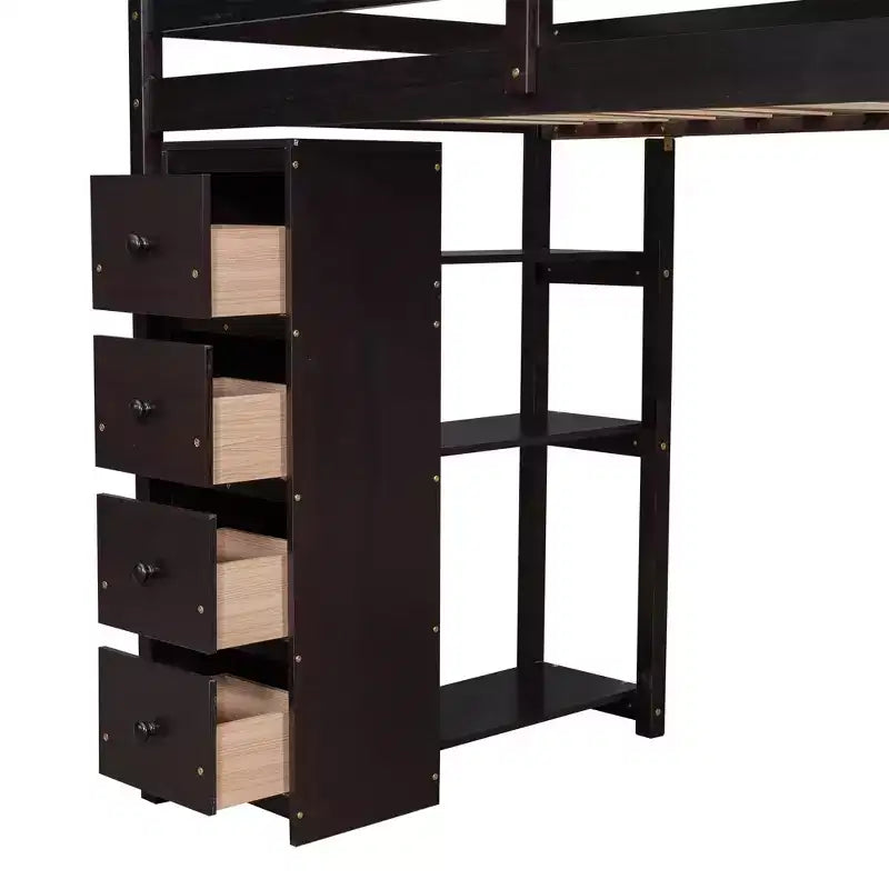 Lit mezzanine double en bois de conception moderne avec tiroirs de rangement, bureau et escalier, 94,40''L x 41,80''l