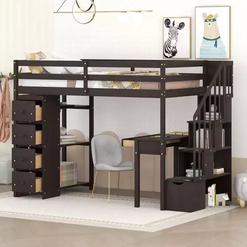 Lit mezzanine double en bois de conception moderne avec tiroirs de rangement, bureau et escalier, 94,40''L x 41,80''l