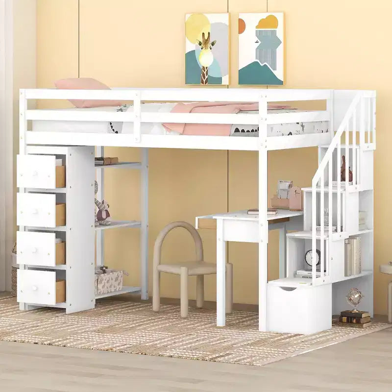 Lit mezzanine double en bois de conception moderne avec tiroirs de rangement, bureau et escalier, 94,40''L x 41,80''l