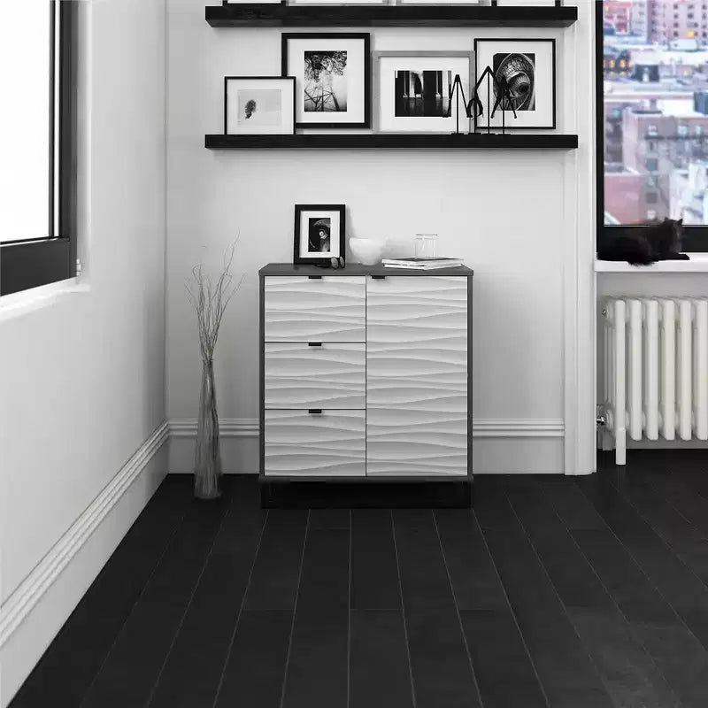 Commode d'appoint 1 porte/3 tiroirs, motif à vagues artificiel avec graphite