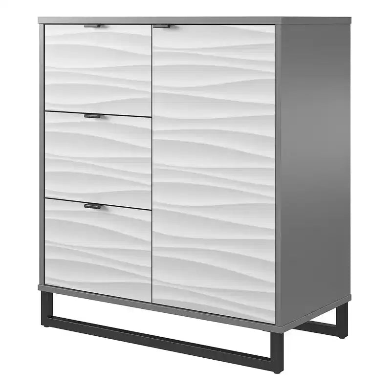 Commode d'appoint 1 porte/3 tiroirs, motif à vagues artificiel avec graphite