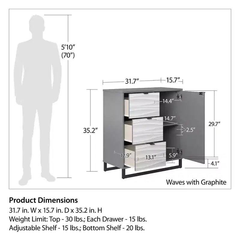 Commode d'appoint 1 porte/3 tiroirs, motif à vagues artificiel avec graphite