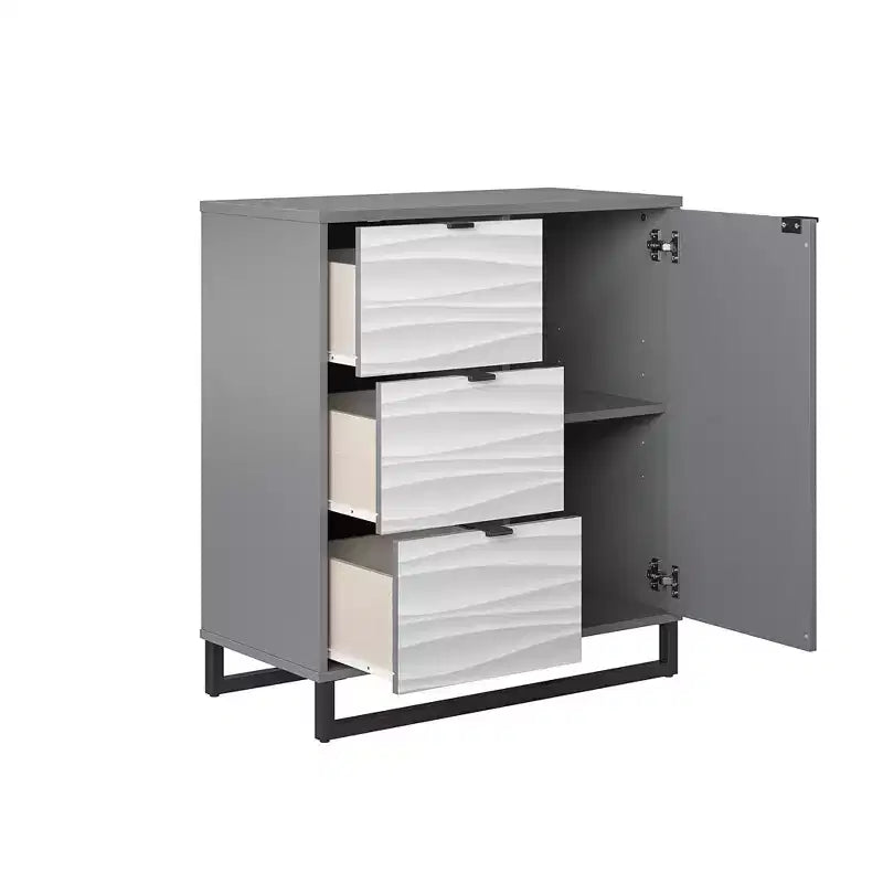 Commode d'appoint 1 porte/3 tiroirs, motif à vagues artificiel avec graphite