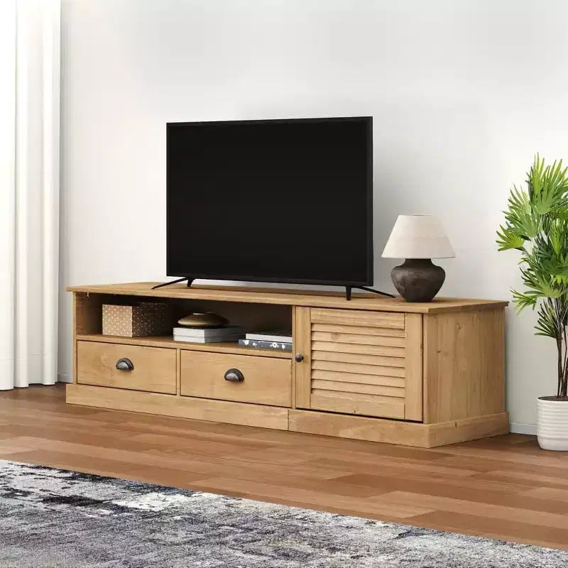 Pine Wood TV Stand Entertainment Center with Storage - Honey Wax Finish, Metal Handles, 61.4 W x 15.7 H