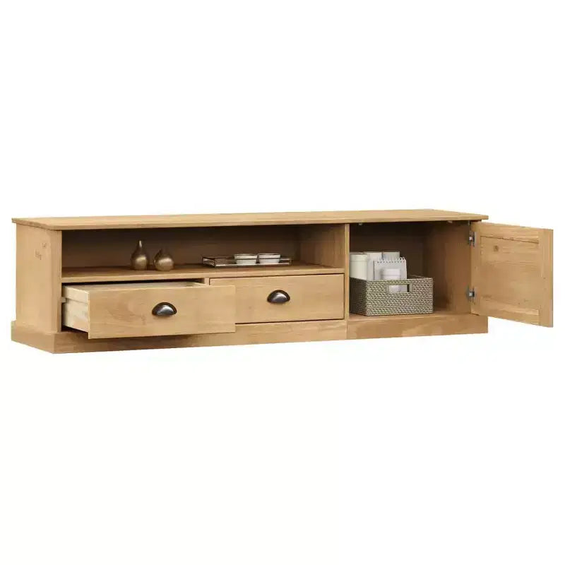Pine Wood TV Stand Entertainment Center with Storage - Honey Wax Finish, Metal Handles, 61.4 W x 15.7 H