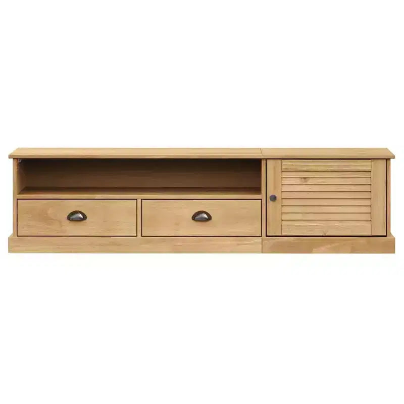 Pine Wood TV Stand Entertainment Center with Storage - Honey Wax Finish, Metal Handles, 61.4 W x 15.7 H