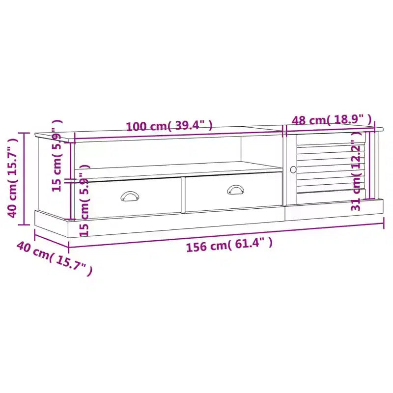 Meuble TV en pin avec rangements - Finition Cire Miel, Poignées Métal, 61.4 L x 15.7 H