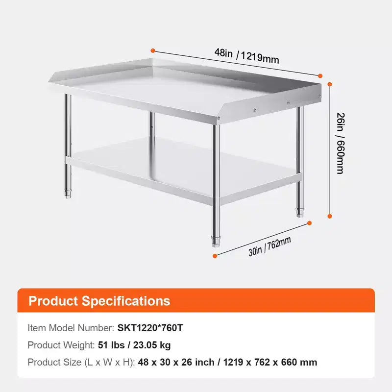Table de travail en acier inoxydable, 30 x 48 x 26 pouces, table de préparation alimentaire commerciale, table de préparation robuste avec dosseret sur 3 côtés, table de travail en métal