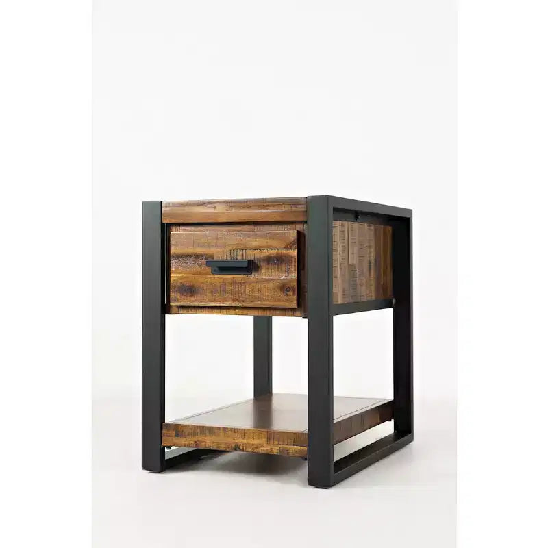 Table d'appoint industrielle moderne en acacia vieilli avec tiroir - Couleur marron