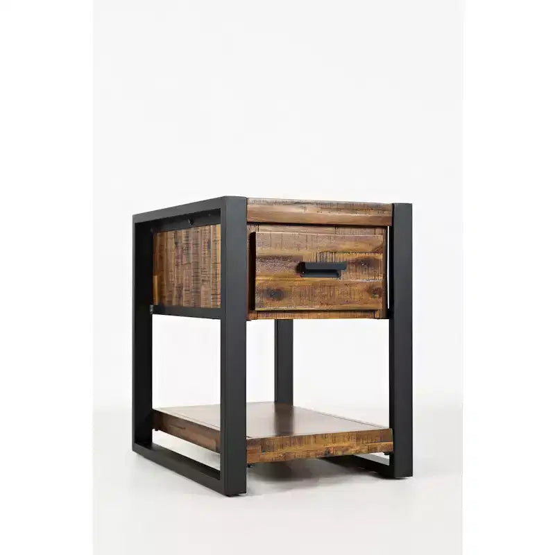 Table d'appoint industrielle moderne en acacia vieilli avec tiroir - Couleur marron