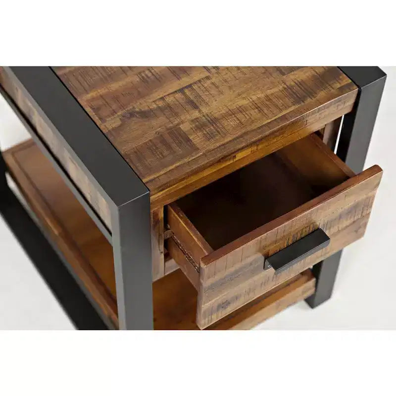 Table d'appoint industrielle moderne en acacia vieilli avec tiroir - Couleur marron