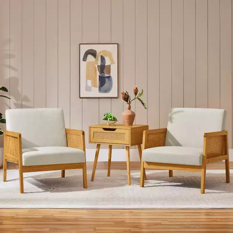 Set of 2 Upholstered Accent Chairs with Rattan Sides for Living Rooms, Bedrooms