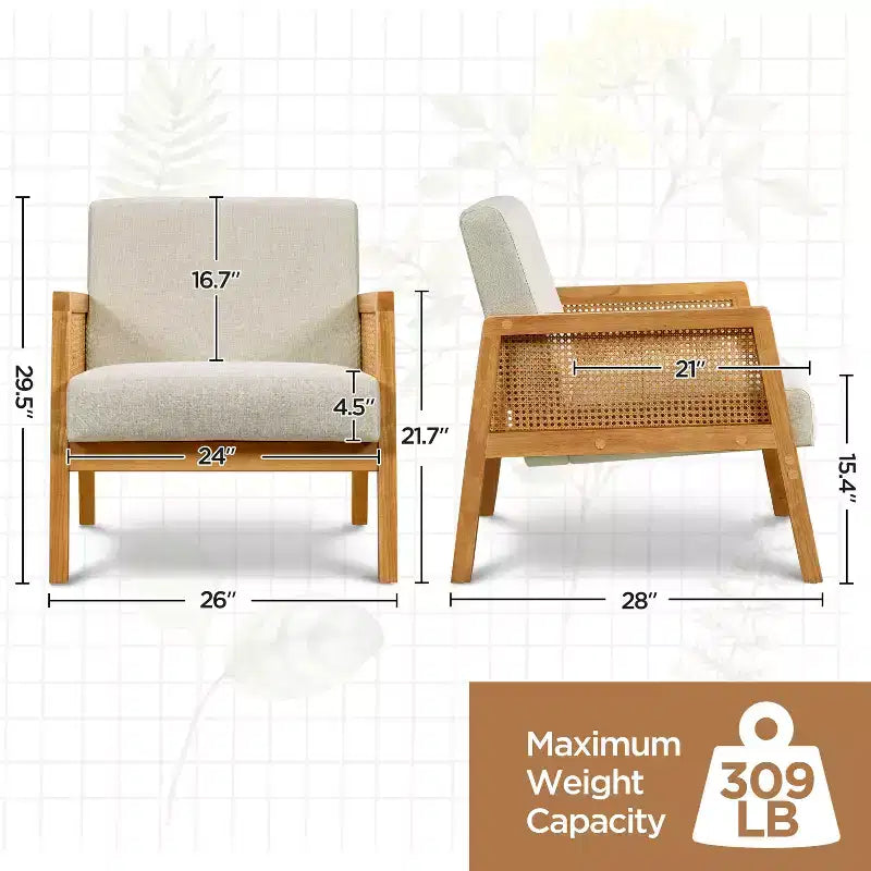 Set of 2 Upholstered Accent Chairs with Rattan Sides for Living Rooms, Bedrooms