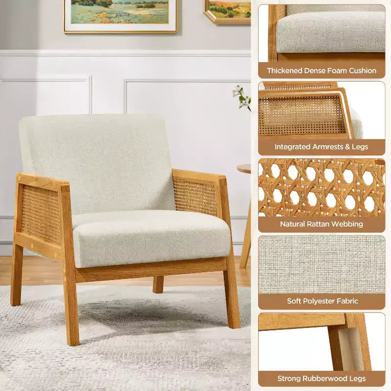 Set of 2 Upholstered Accent Chairs with Rattan Sides for Living Rooms, Bedrooms