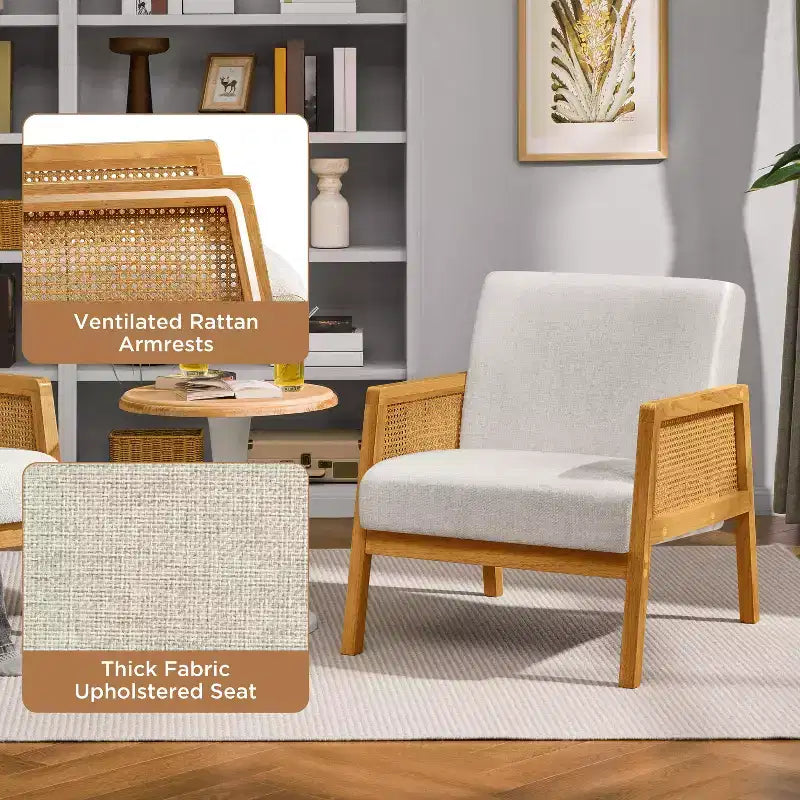 Ensemble de 2 fauteuils d'appoint rembourrés avec côtés en rotin pour salons, chambres