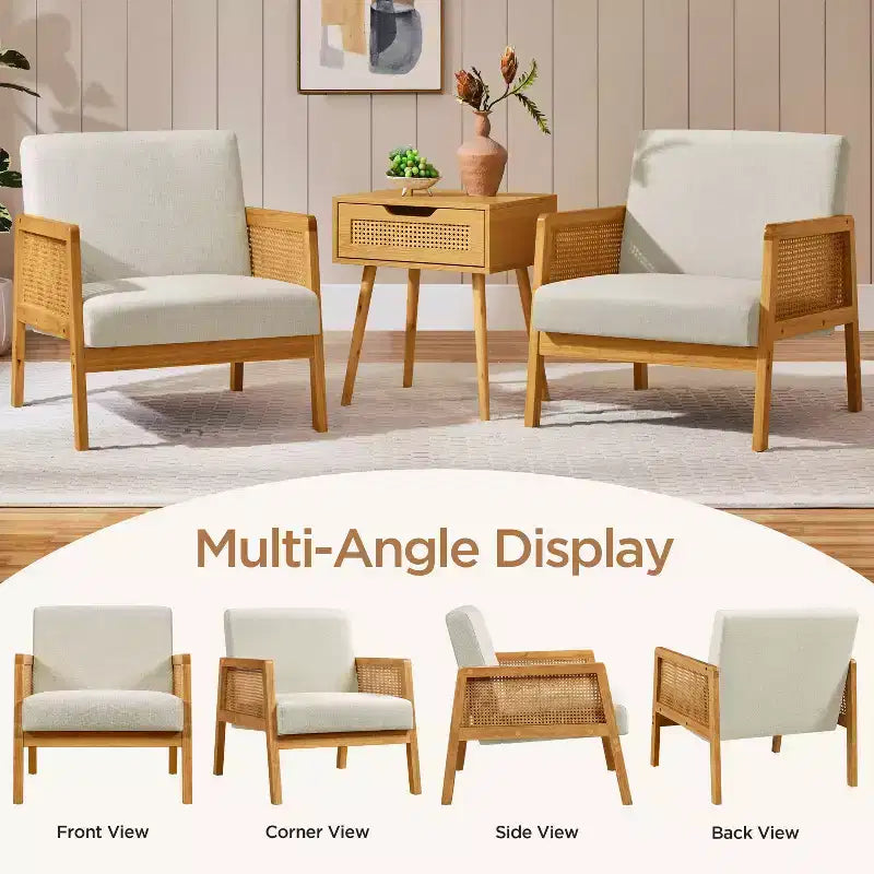 Ensemble de 2 fauteuils d'appoint rembourrés avec côtés en rotin pour salons, chambres