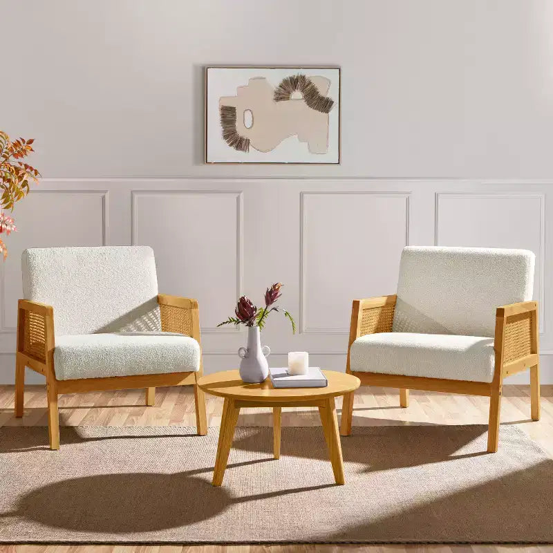 Ensemble de 2 fauteuils d'appoint rembourrés avec côtés en rotin pour salons, chambres