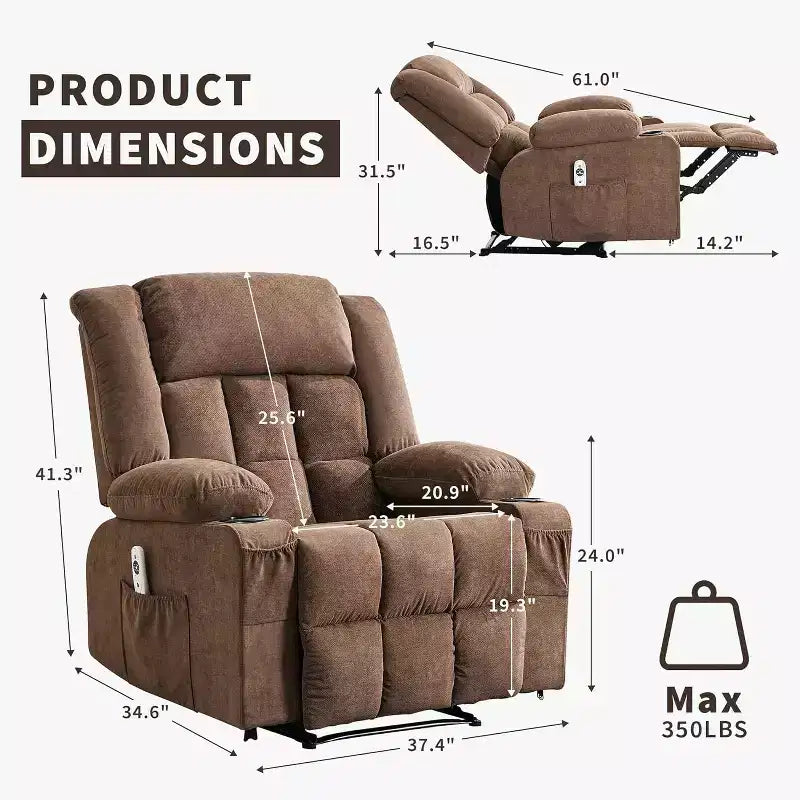 Fauteuil inclinable massant et chauffant surdimensionné avec télécommande, 3 positions réglables, porte-gobelets et support lombaire pour grandes tailles