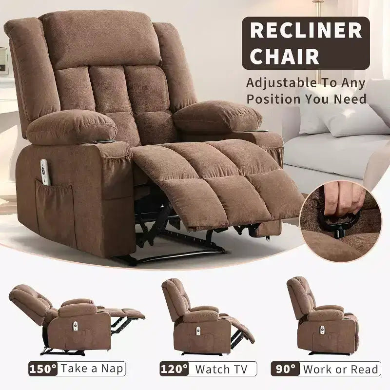 Fauteuil inclinable massant et chauffant surdimensionné avec télécommande, 3 positions réglables, porte-gobelets et support lombaire pour grandes tailles