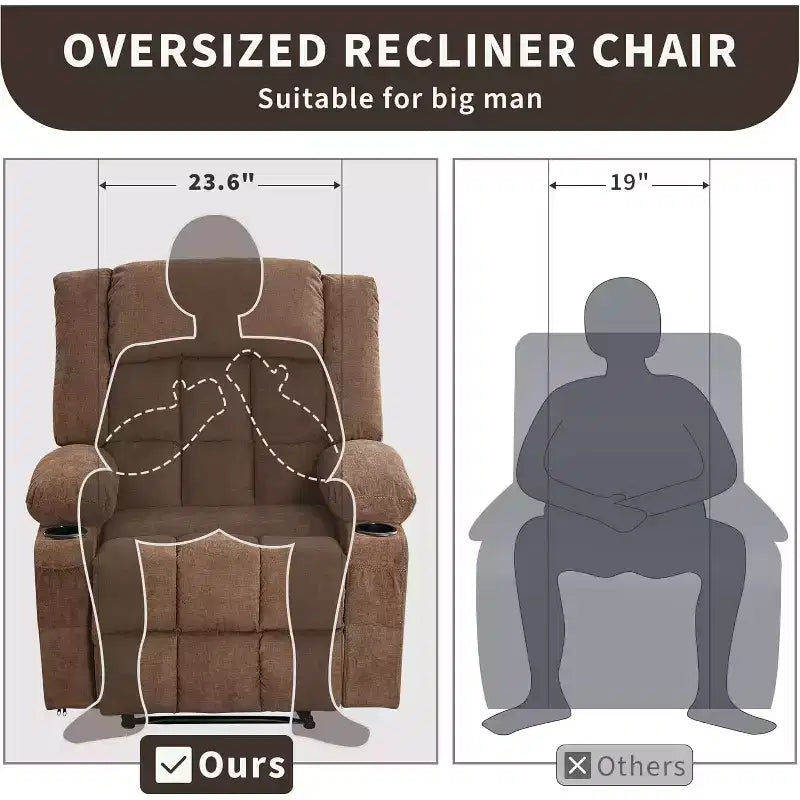 Fauteuil inclinable massant et chauffant surdimensionné avec télécommande, 3 positions réglables, porte-gobelets et support lombaire pour grandes tailles
