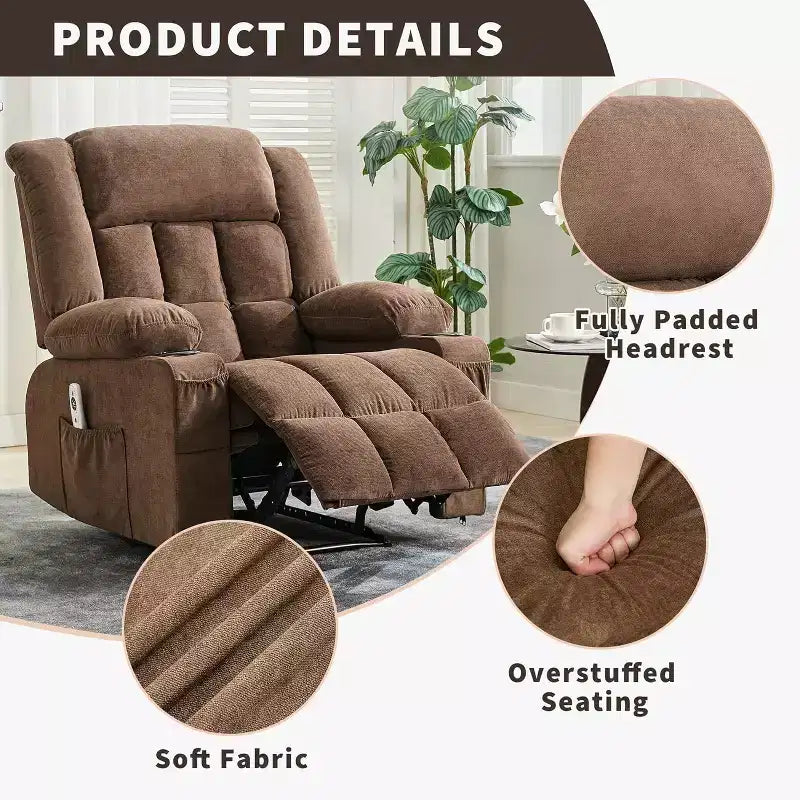 Fauteuil inclinable massant et chauffant surdimensionné avec télécommande, 3 positions réglables, porte-gobelets et support lombaire pour grandes tailles