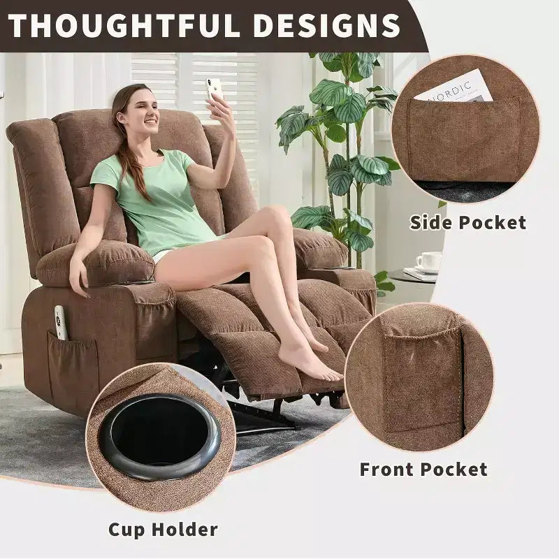 Fauteuil inclinable massant et chauffant surdimensionné avec télécommande, 3 positions réglables, porte-gobelets et support lombaire pour grandes tailles