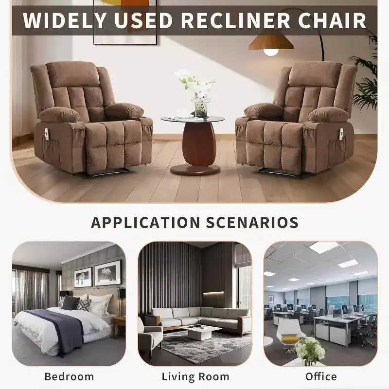 Fauteuil inclinable massant et chauffant surdimensionné avec télécommande, 3 positions réglables, porte-gobelets et support lombaire pour grandes tailles